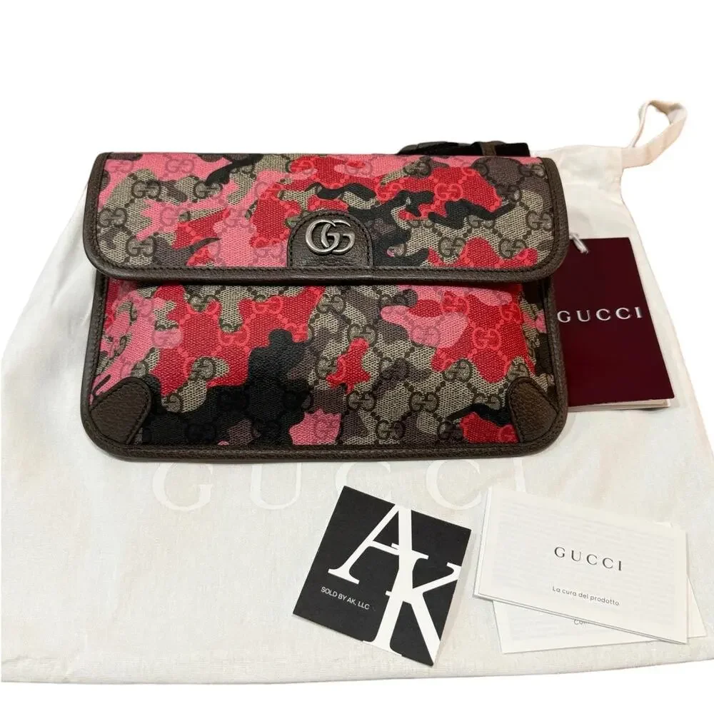 Gucci GG Supreme Camouflage Belt Bag Crossbody Clutch Pink Red Camo 90